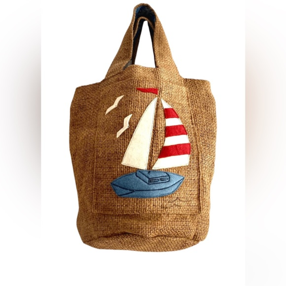 Vintage Squirrels’ Nest Burlap Tote / Purse with Sailboat Design - Picture 1 of 5